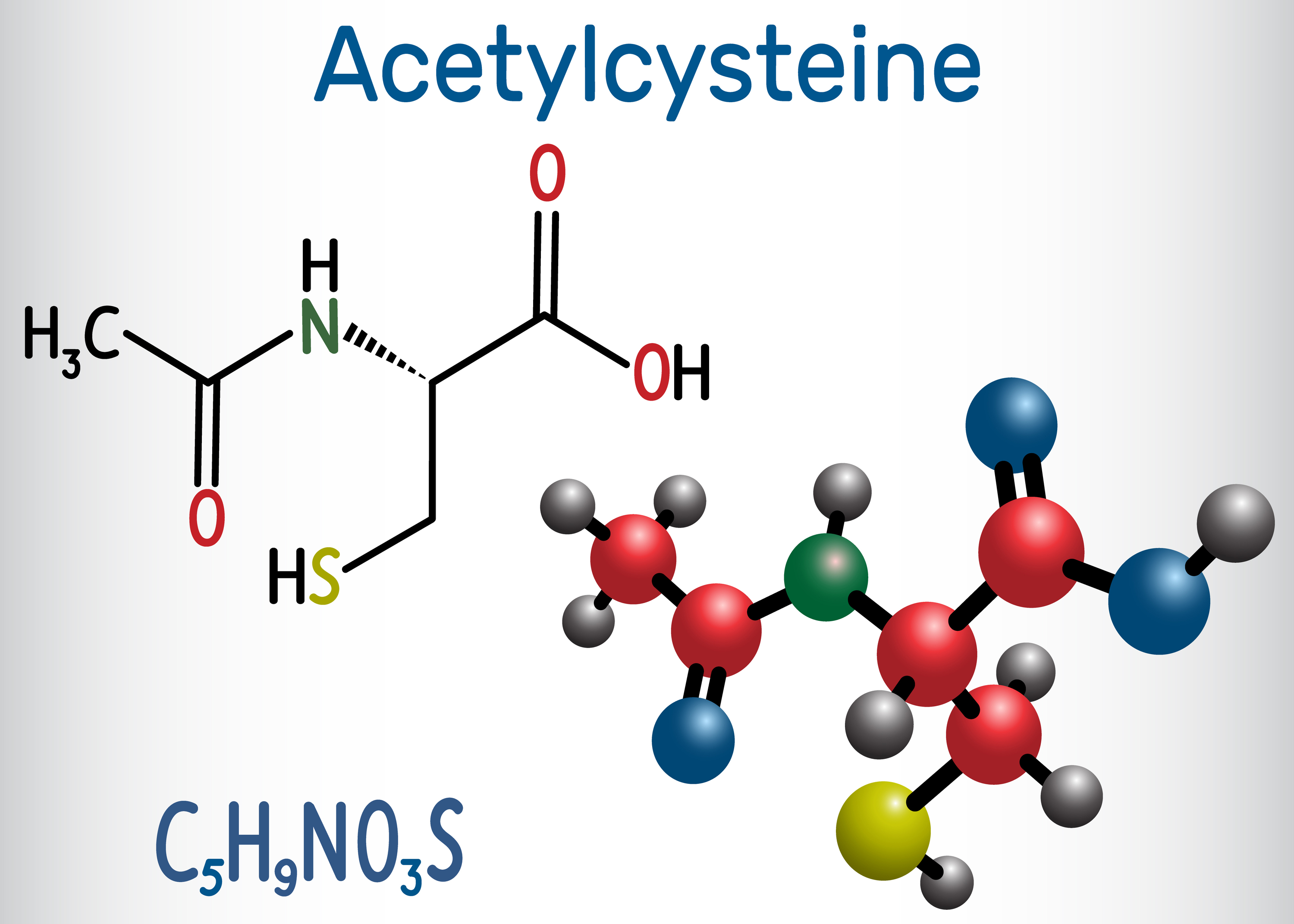 Acetylcysteine (N-acetylcysteine, NAC) drug molecule. Structural chemical formula and molecule model. Cysteine and NAC.