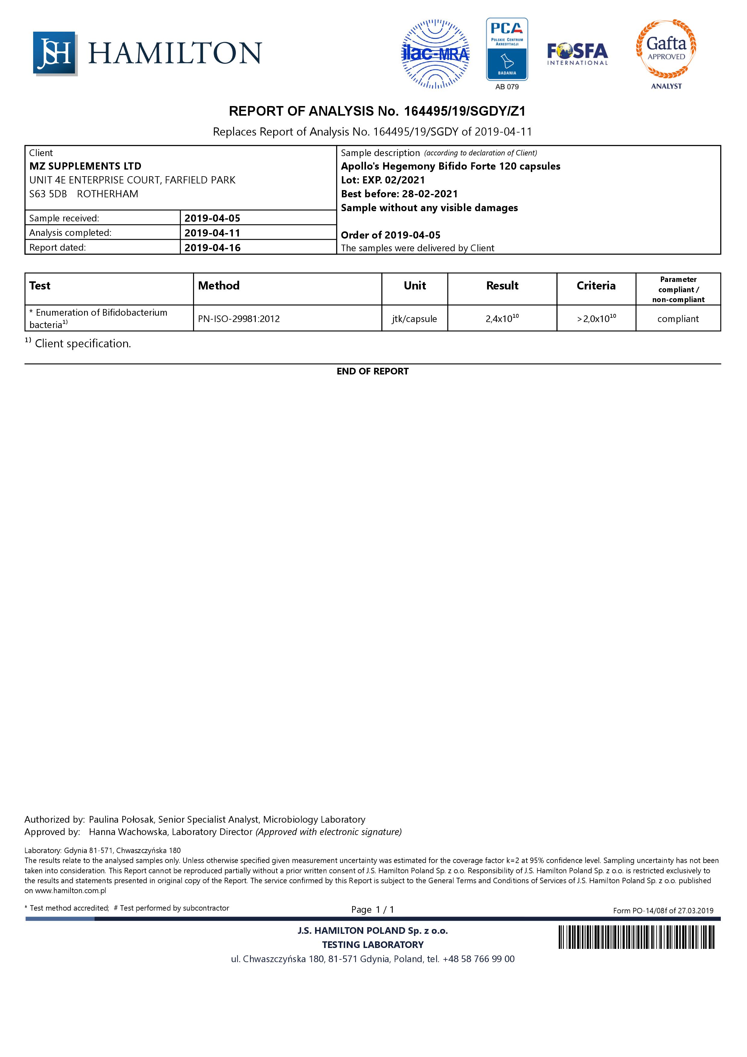 Bifido Forte - 24 milliards CFU result - label declaration - 20 milliards CFU