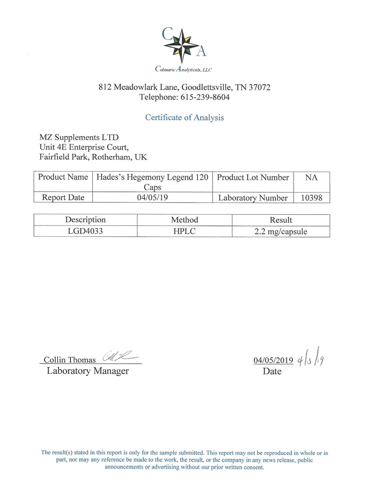 Colmaric Analyticals results for Hades Hegemony SARM Legend LGD-4033