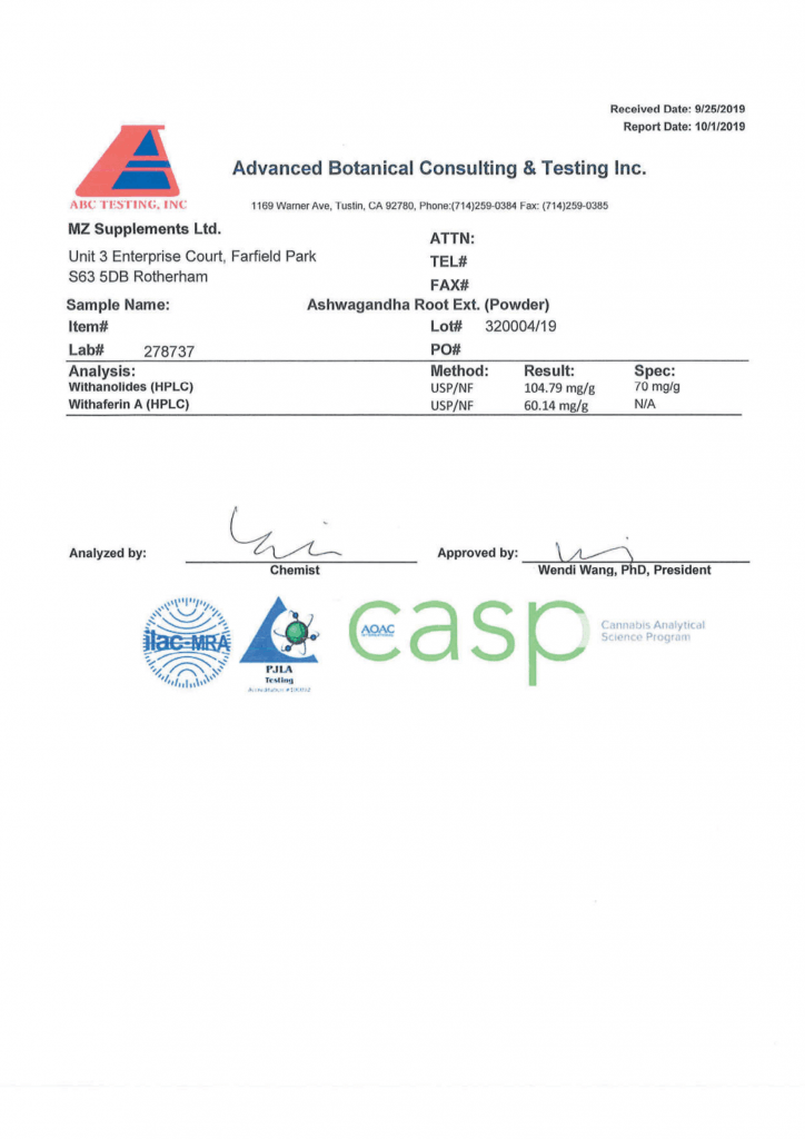 Testergebnisse Ashwagandha HPLC