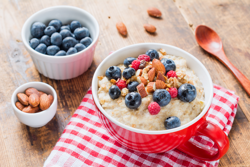 Cereals with milk, fruits and nuts can be a great idea for healthy breakfast